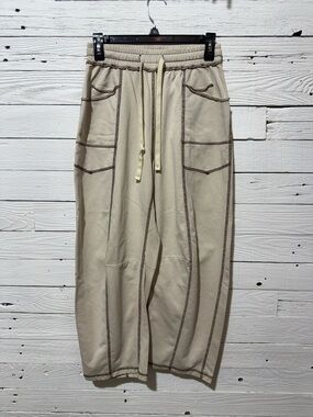 Beige Contrast-Stitch Drawstring Small Cream Womens Joggers